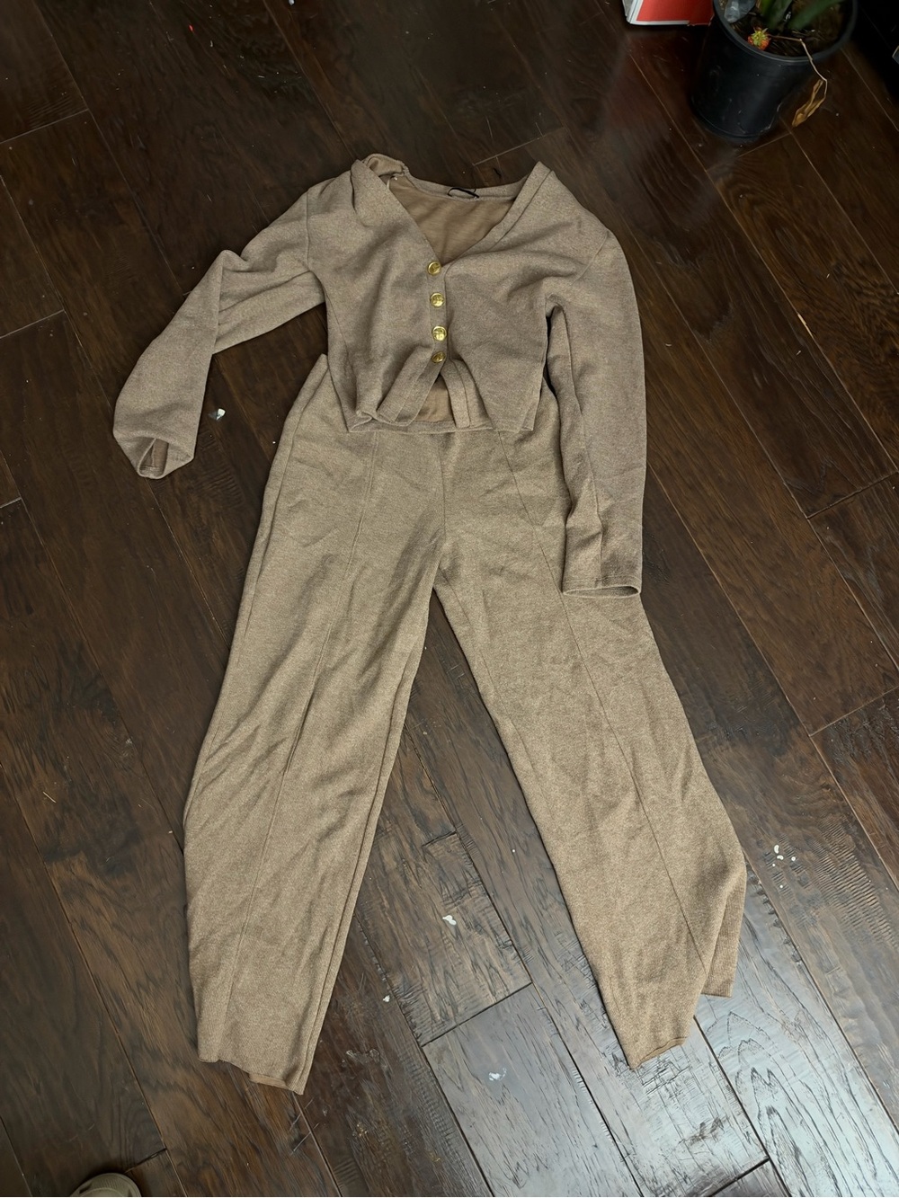 Zara Taupe Button-Front Knit Jumpsuit Set